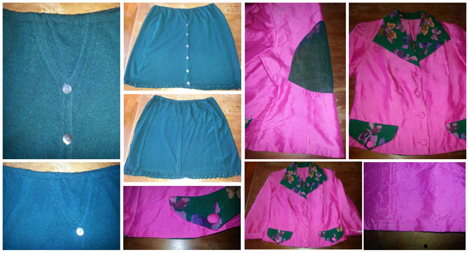 upcycled pink and green suit